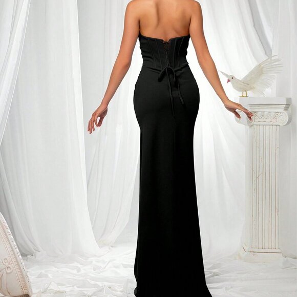 Black Party Women's Elegant Strapless Flattering Fitted Satin Dress - Picture 2 of 6